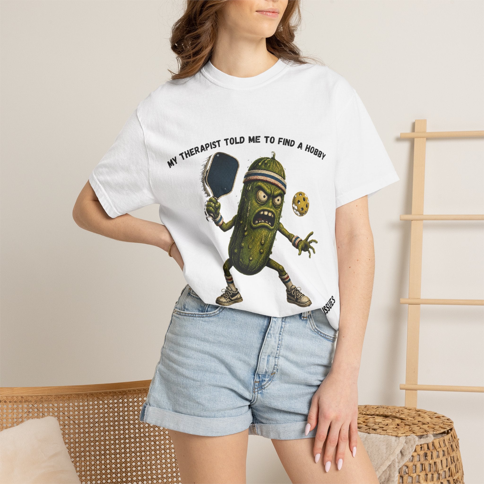 Pickle Playing Pickleball T-Shirt — “My Therapist Told Me to Find a Hobby… Now I Have a Paddle and Anger Issues”
