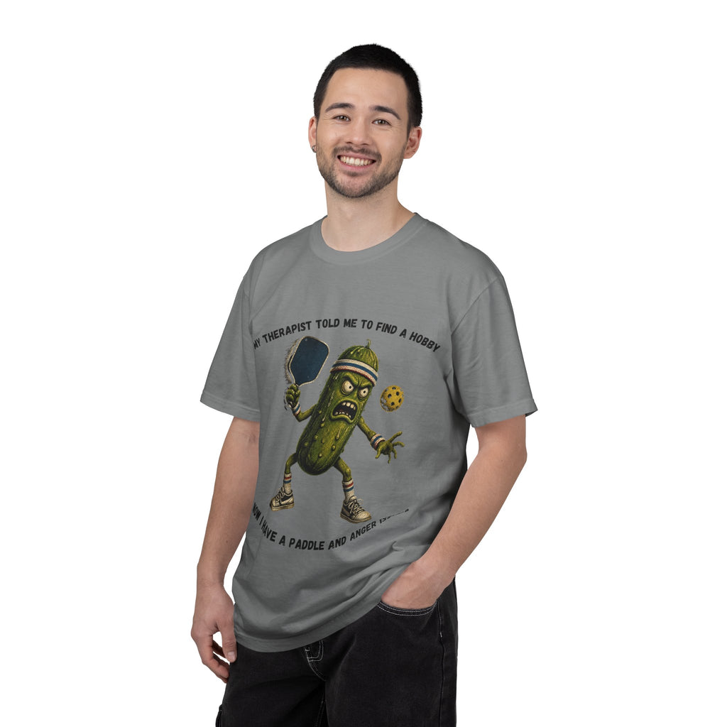 Pickle Playing Pickleball T-Shirt — “My Therapist Told Me to Find a Hobby… Now I Have a Paddle and Anger Issues”