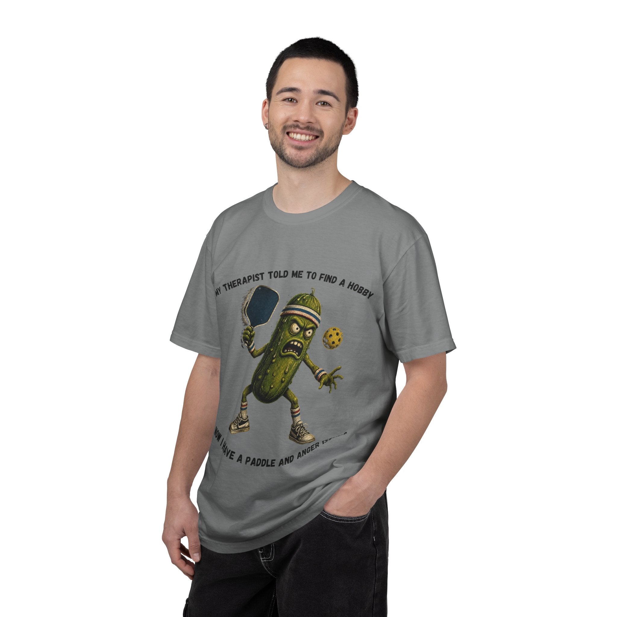 Pickle Playing Pickleball T-Shirt — “My Therapist Told Me to Find a Hobby… Now I Have a Paddle and Anger Issues”