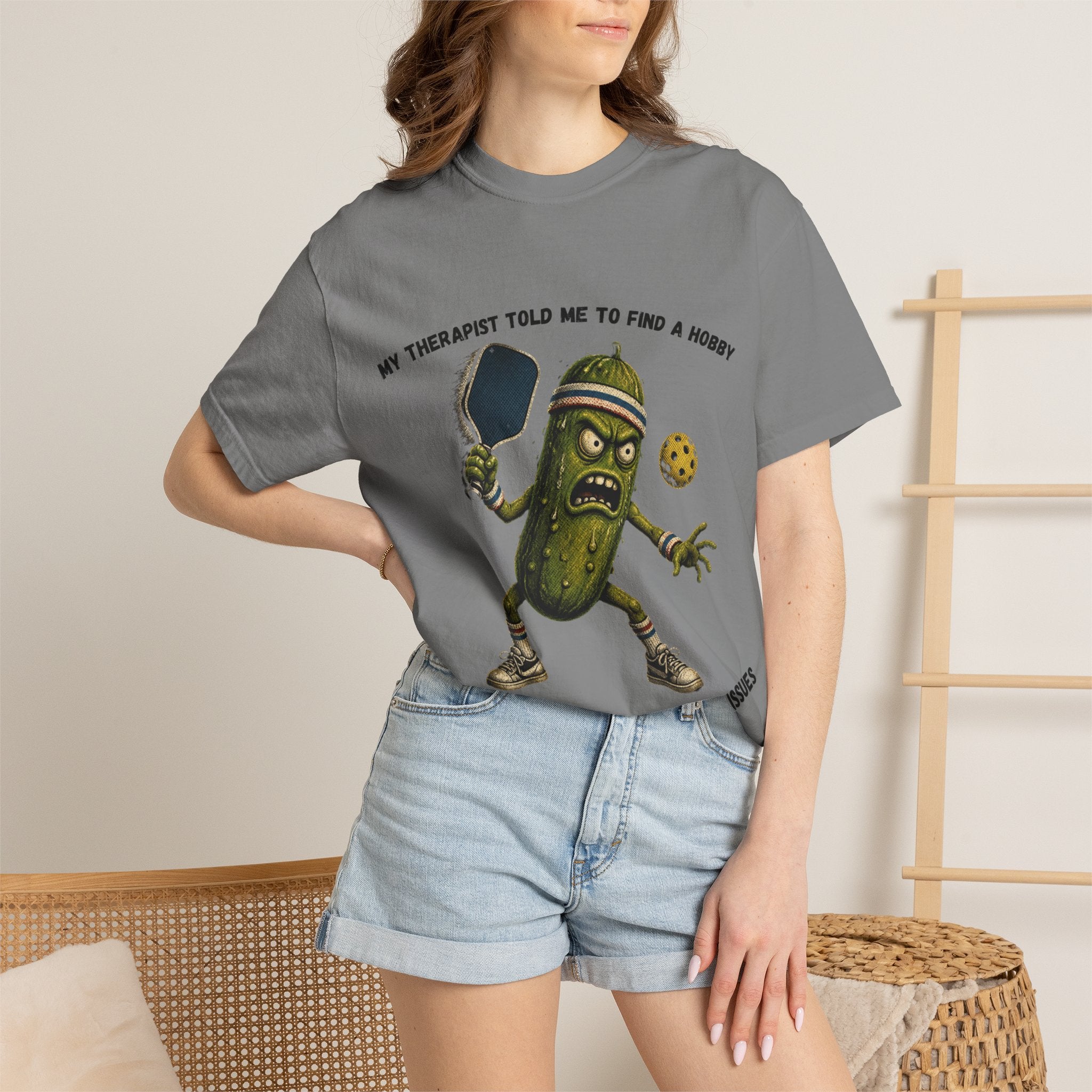 Pickle Playing Pickleball T-Shirt — “My Therapist Told Me to Find a Hobby… Now I Have a Paddle and Anger Issues”