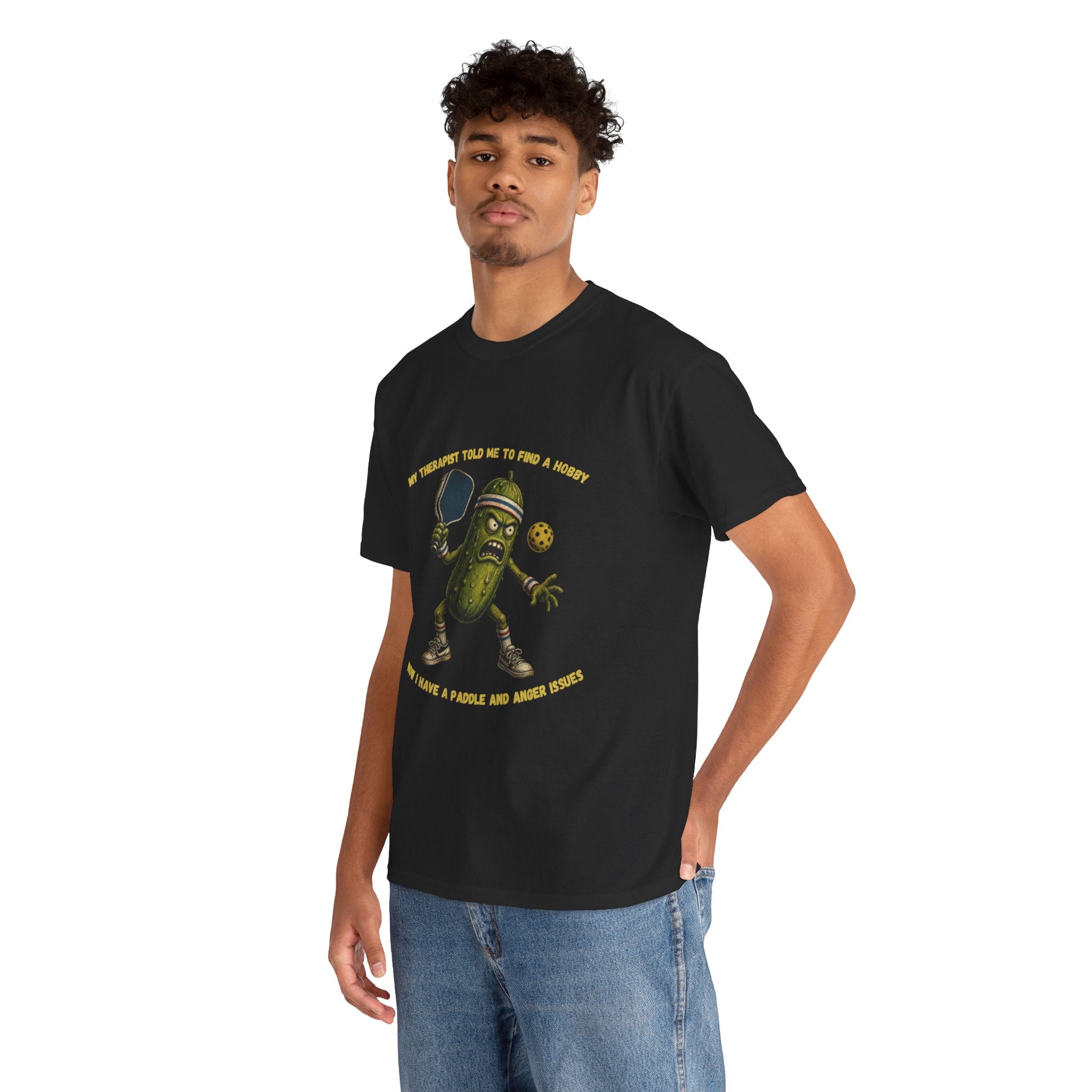 Funny Pickle T-Shirt — “My Therapist Told Me To Find A Hobby” Cartoon Pickle Graphic Tee