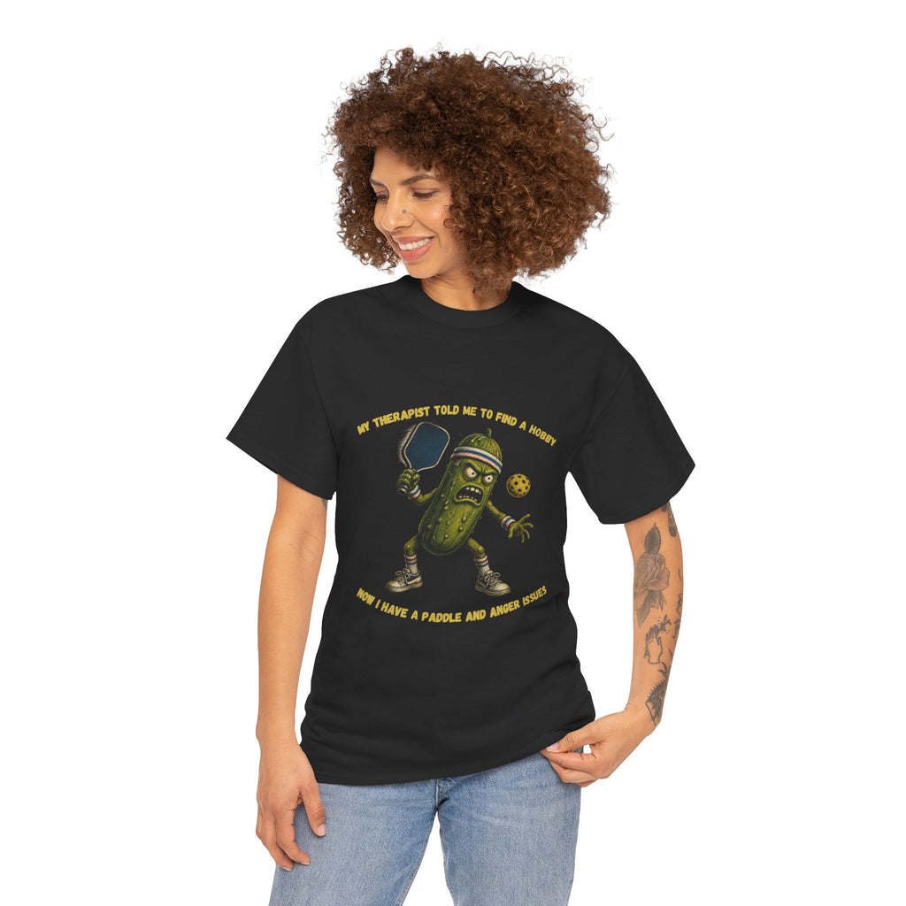 Funny Pickle T-Shirt — “My Therapist Told Me To Find A Hobby” Cartoon Pickle Graphic Tee