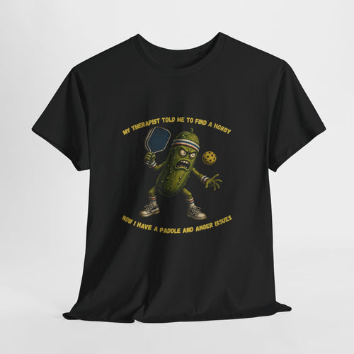 Funny Pickle T-Shirt — “My Therapist Told Me To Find A Hobby” Cartoon Pickle Graphic Tee