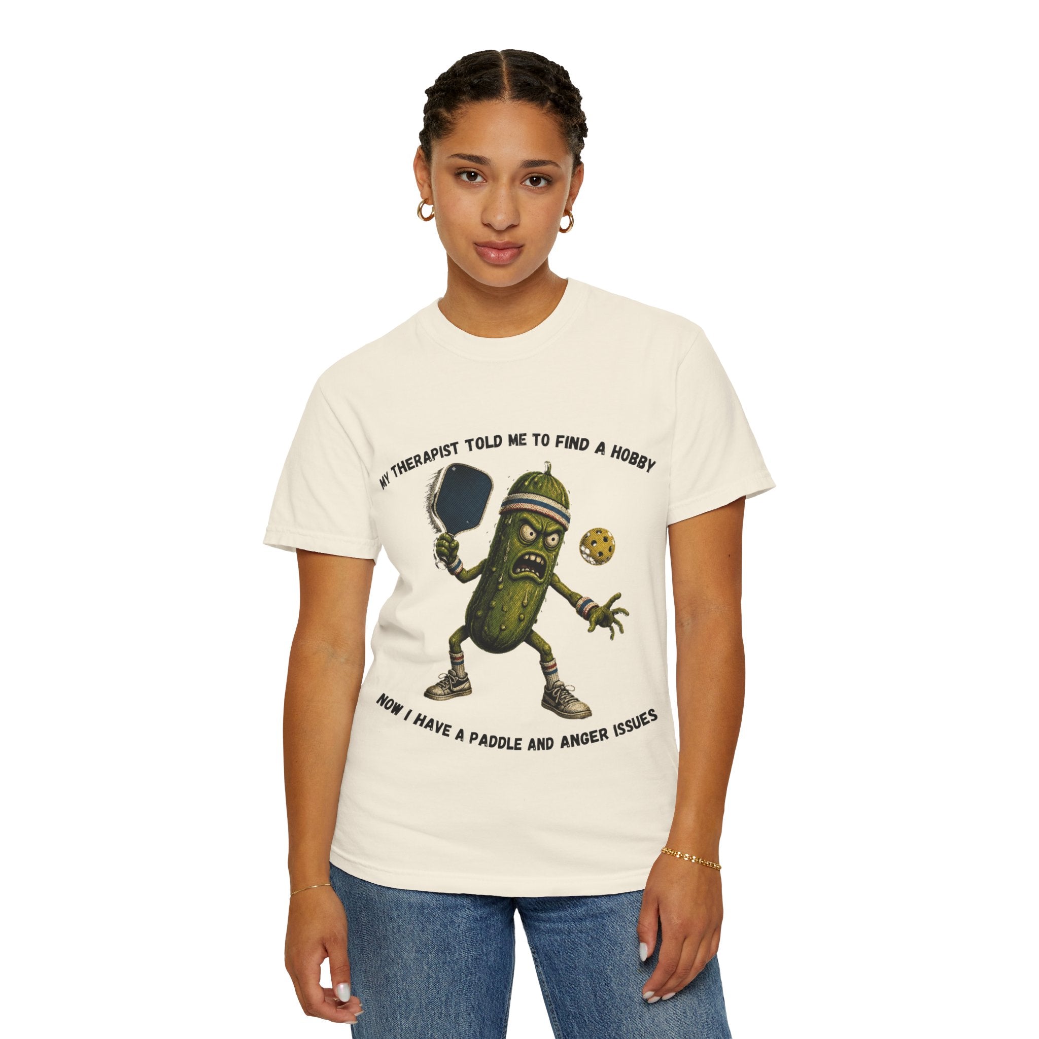 Pickle Playing Pickleball T-Shirt — “My Therapist Told Me to Find a Hobby… Now I Have a Paddle and Anger Issues”