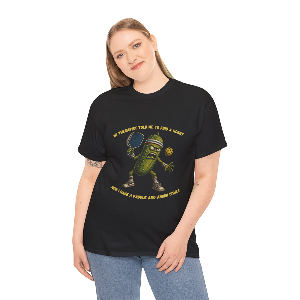 Funny Pickle T-Shirt — “My Therapist Told Me To Find A Hobby” Cartoon Pickle Graphic Tee