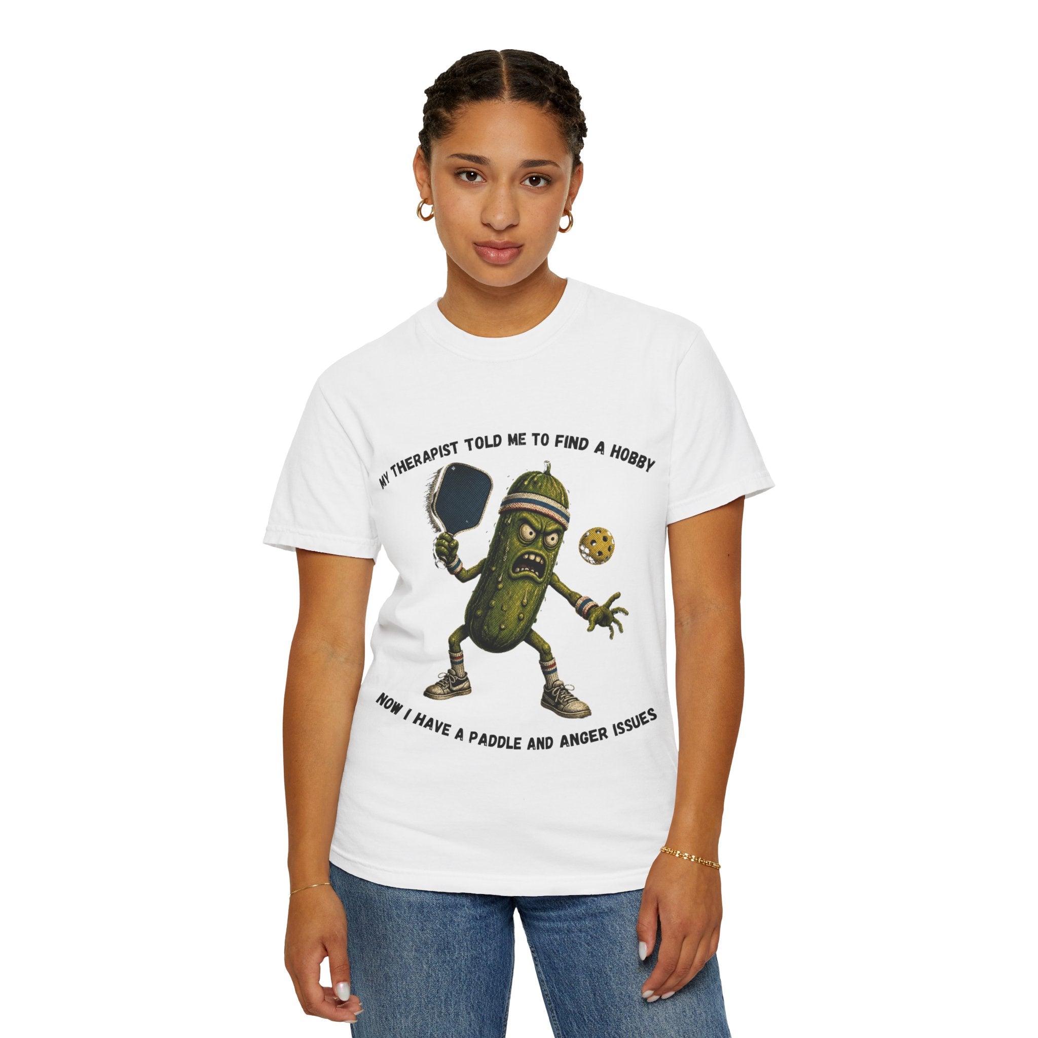Pickle Playing Pickleball T-Shirt — “My Therapist Told Me to Find a Hobby… Now I Have a Paddle and Anger Issues”