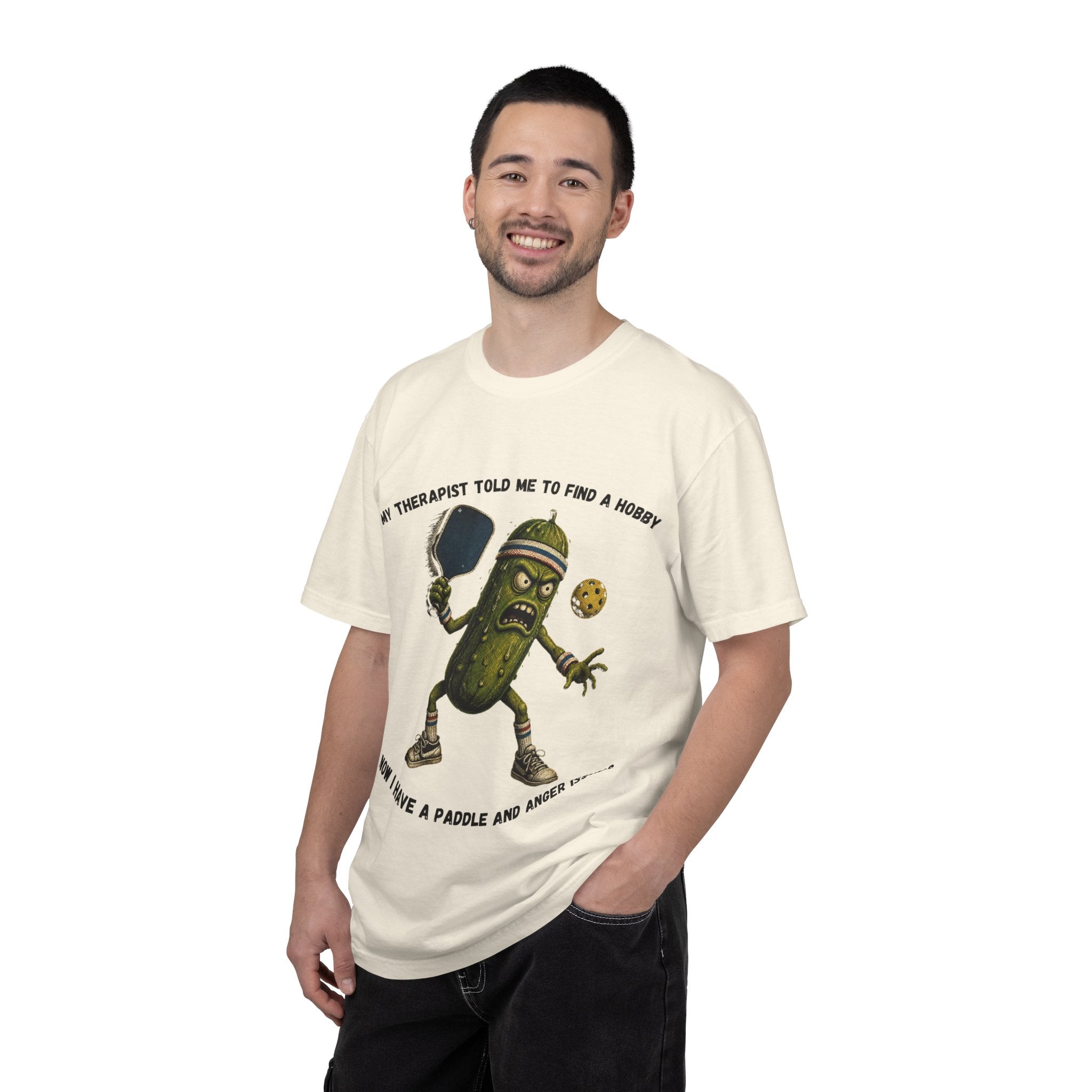 Pickle Playing Pickleball T-Shirt — “My Therapist Told Me to Find a Hobby… Now I Have a Paddle and Anger Issues”