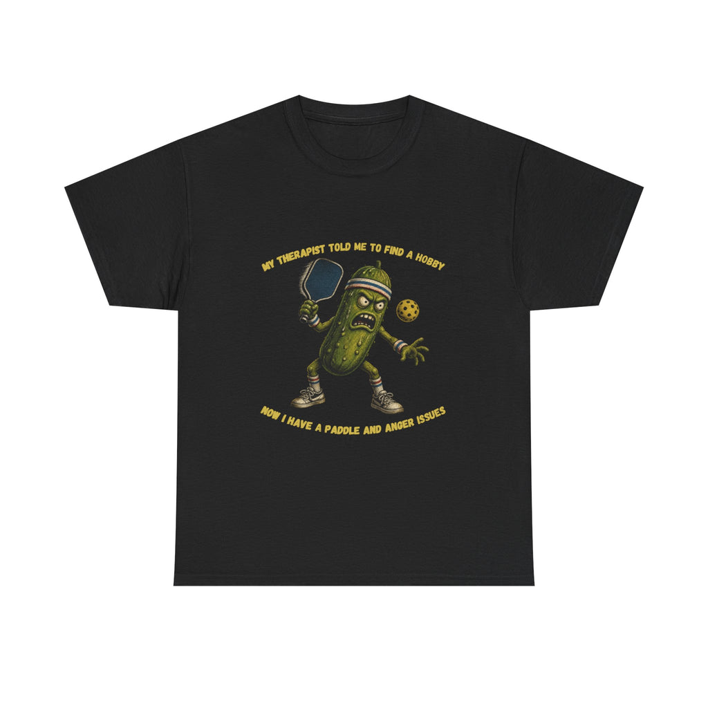 Funny Pickle T-Shirt — “My Therapist Told Me To Find A Hobby” Cartoon Pickle Graphic Tee