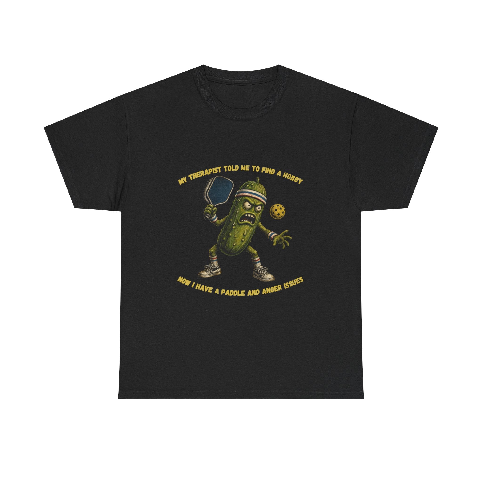 Funny Pickle T-Shirt — “My Therapist Told Me To Find A Hobby” Cartoon Pickle Graphic Tee