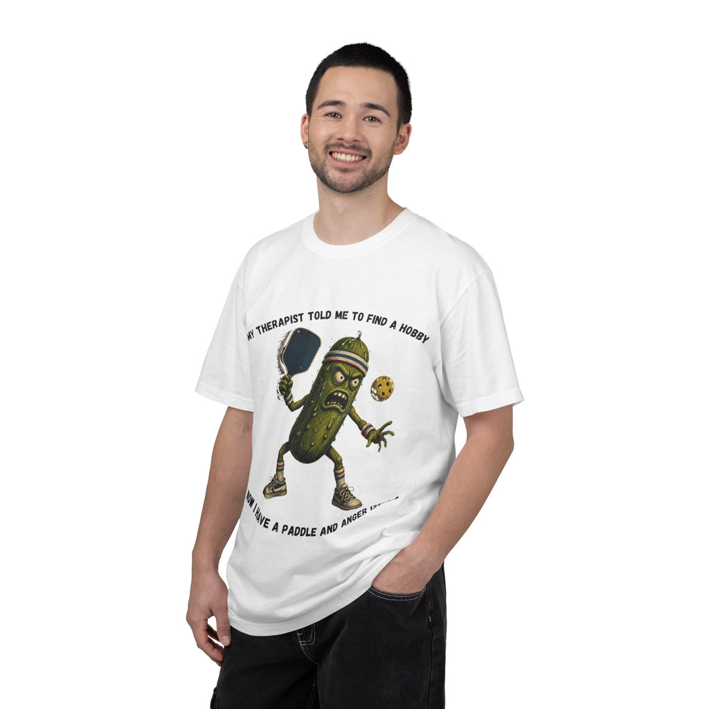 Pickle Playing Pickleball T-Shirt — “My Therapist Told Me to Find a Hobby… Now I Have a Paddle and Anger Issues”
