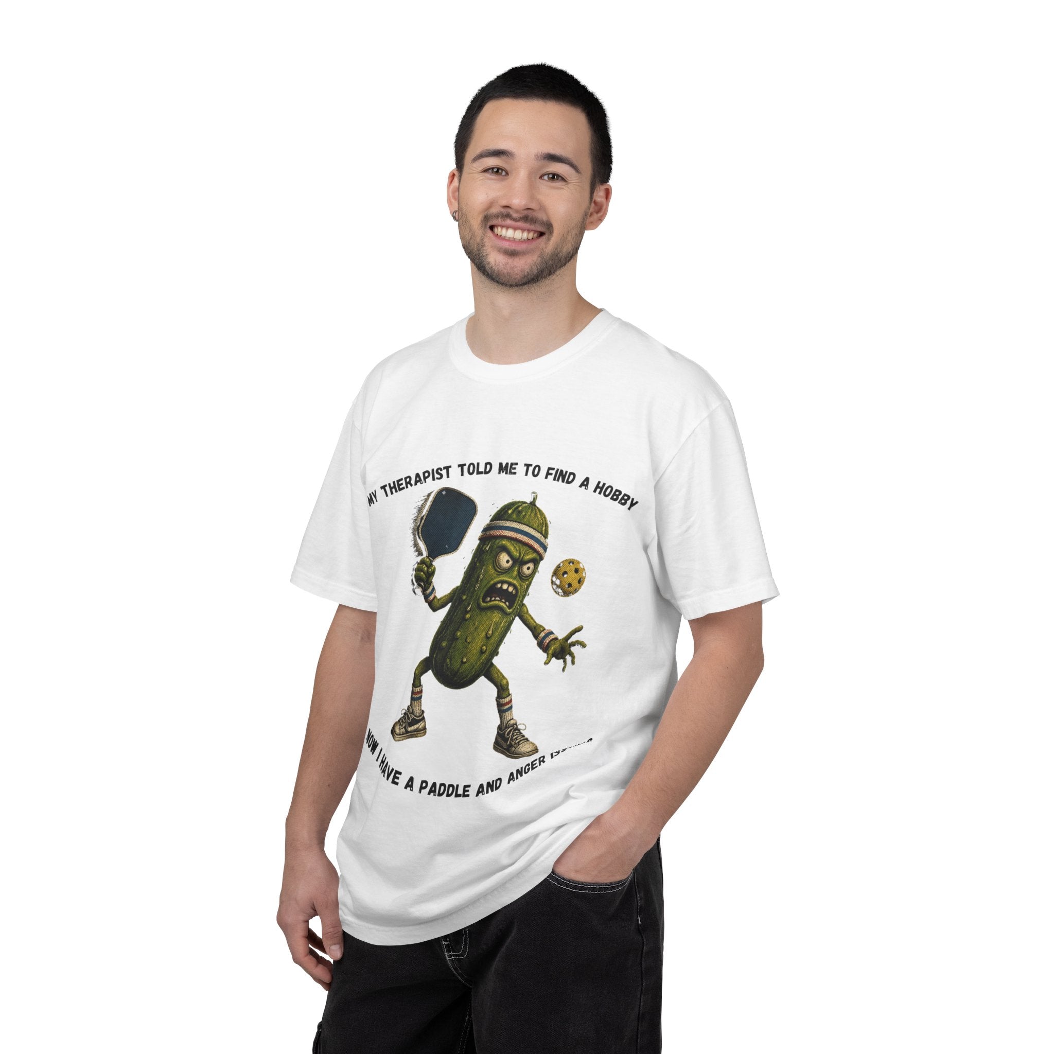 Pickle Playing Pickleball T-Shirt — “My Therapist Told Me to Find a Hobby… Now I Have a Paddle and Anger Issues”